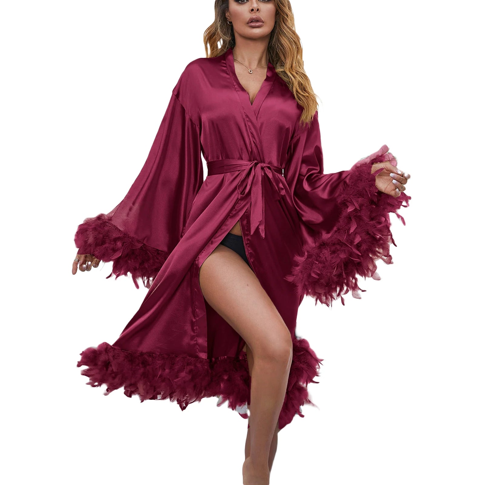 Women Sexy White Feather Long Sheer Satin Robe See Through Bridal Nightgown Lingerie Nightdress Bathrobe Cover Up Loungewear