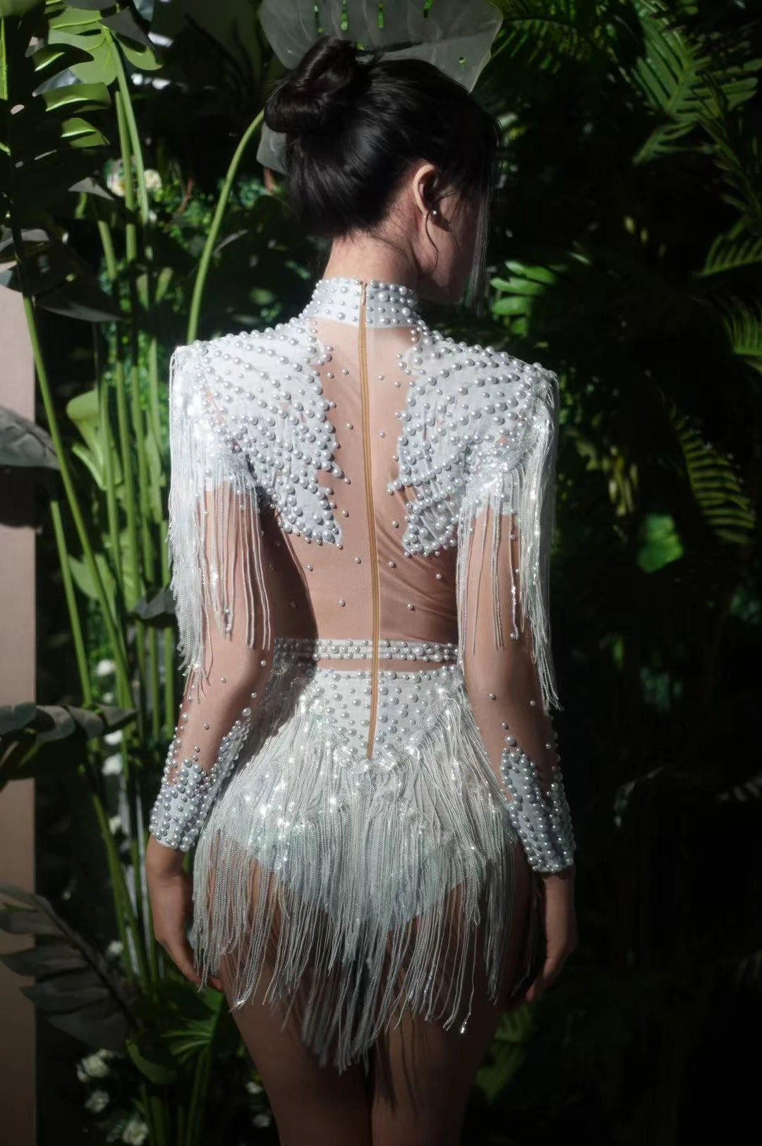 Gold Silver Sequins Tassel Elastic Bodysuit Sex)Pole Latin Dance Stage Wear Nightclub  DJSinger Dancer Performance Costume  Q025