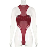 Solid Red Mesh Corset Bodysuit
