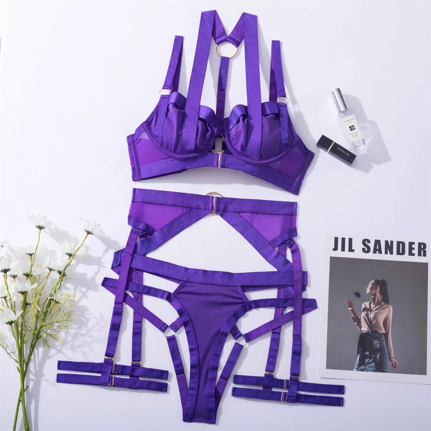 Sexy Hollow Out Strap-On Lingerie Set – Crop Top Bra & Ruched Bodycon Dress with Waistband and Leg Loops for Women