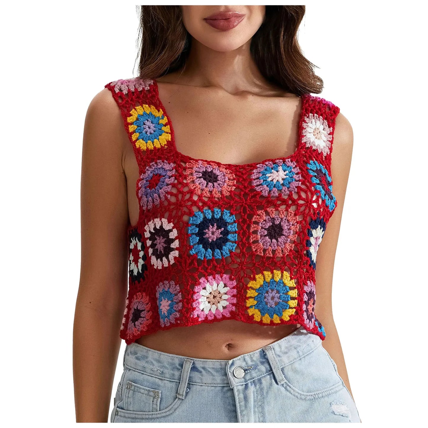 Womens Crochet Tank Top With Tassels Cover Ups Knit Colorful Floral Embroidery Summer Backless Camisole Fashion Casual Bohemian