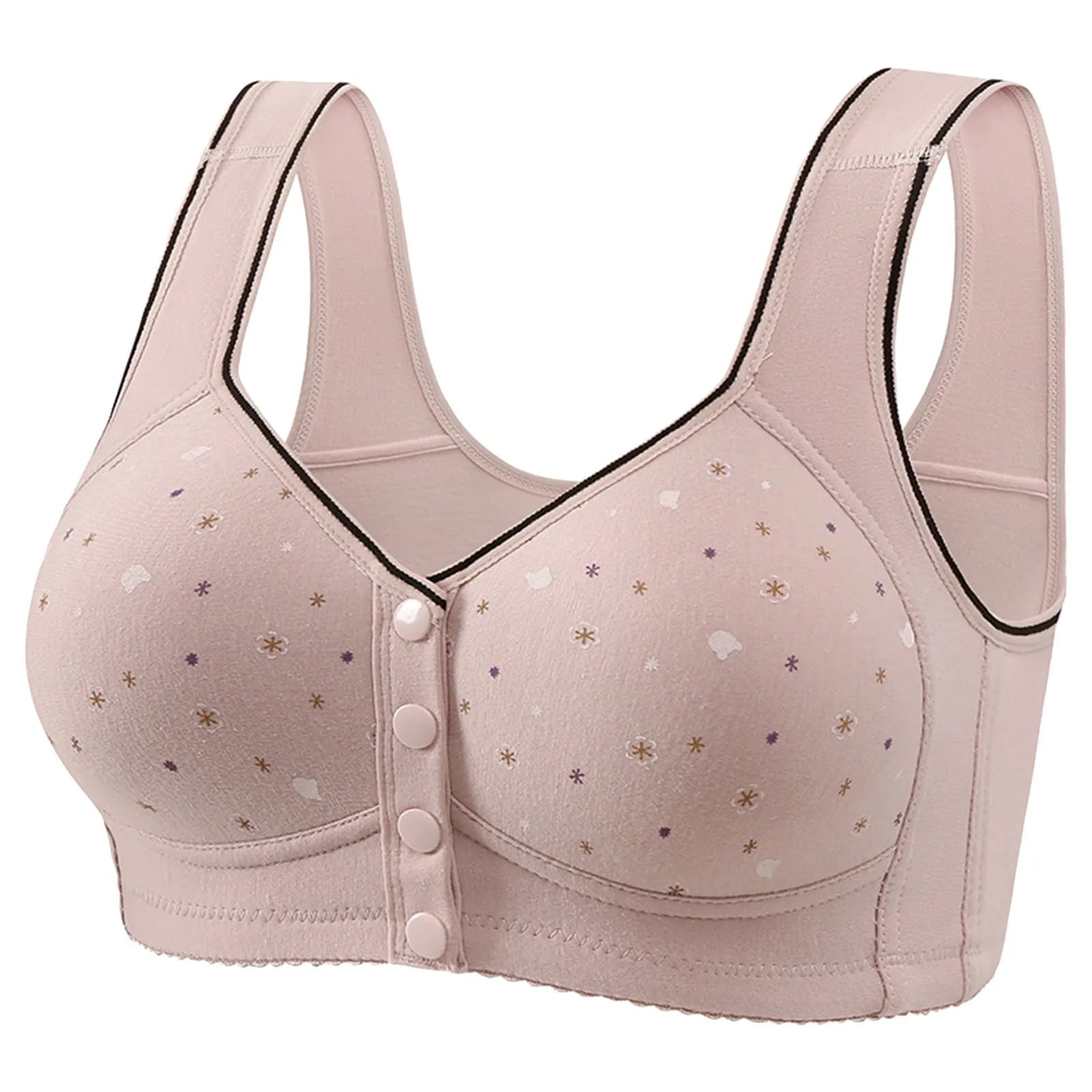 Front Button Retro Printed Bra Without Steel Ring Wide Shoulder Strap Middle-Aged Elderly Underwear Plus Size Women'S Vest Bras