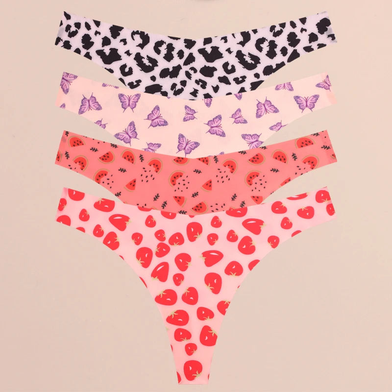 FINETOO Ultra Soft Seamless Graphic Print Thong Set – 4-Pack Stretch Leopard G-Strings for Women