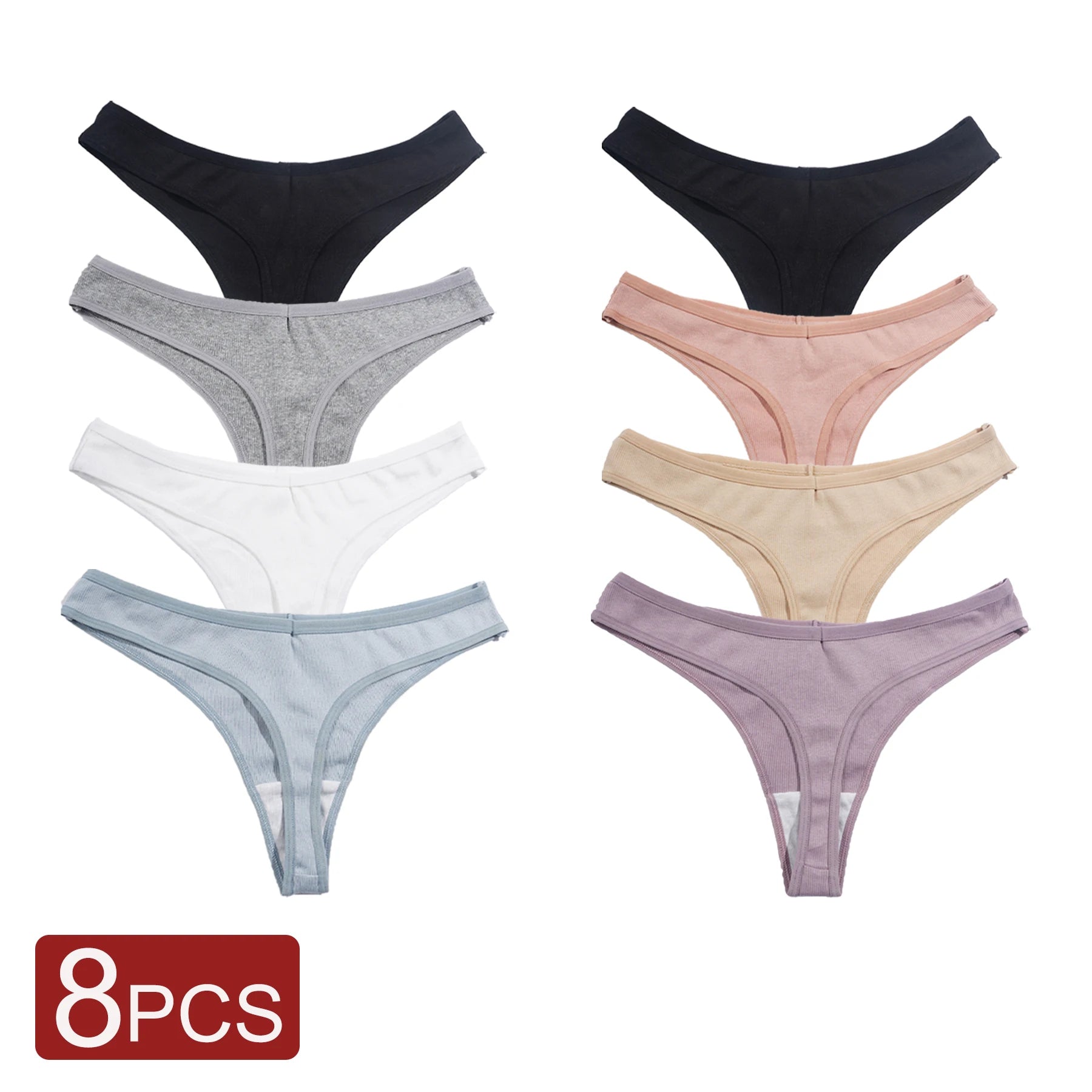 8PCS Women's Sexy Thongs Low Waist Seamless G-Strings Solid Color Comfortable Cotton Panties Female Breathable Underwear S-XXL
