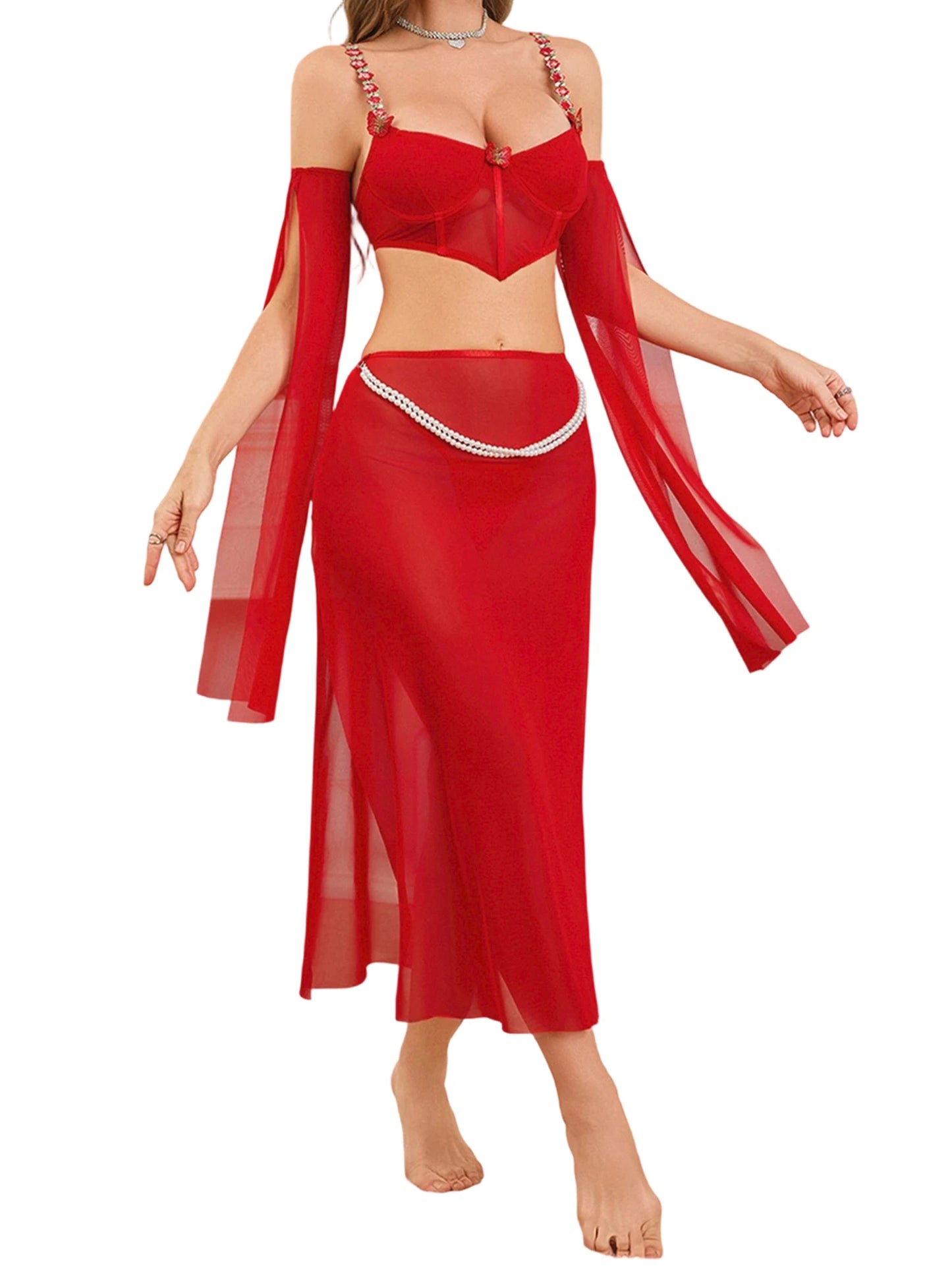 Women s 4 Piece Lace Lingerie Set with Garter Belt and Thigh High Stockings Sexy Bra and Panty Set for Bedroom