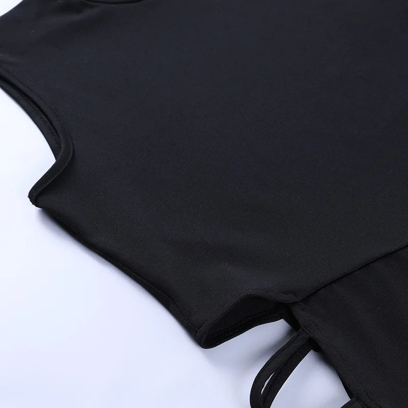 Women's Gothic Dress Summer New Sleveless Slim Sexy Black Wind Hanging Neck Tie Double Split Dress Female Y2K Clothing Dresses