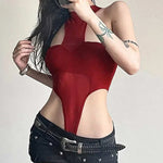 Solid Red Mesh Corset Bodysuit