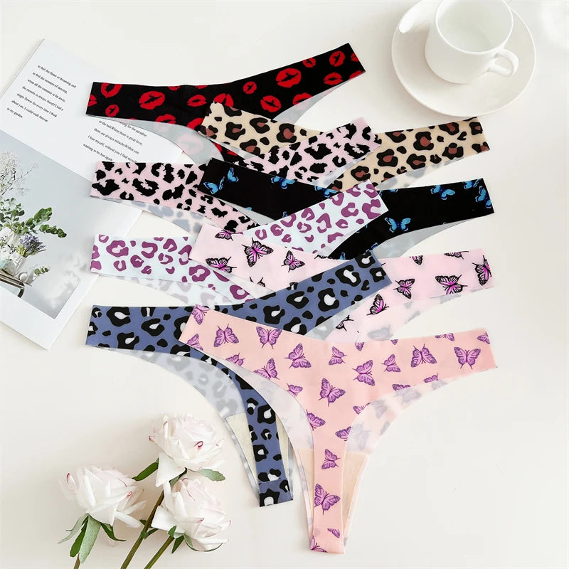FINETOO Ultra Soft Seamless Graphic Print Thong Set – 4-Pack Stretch Leopard G-Strings for Women