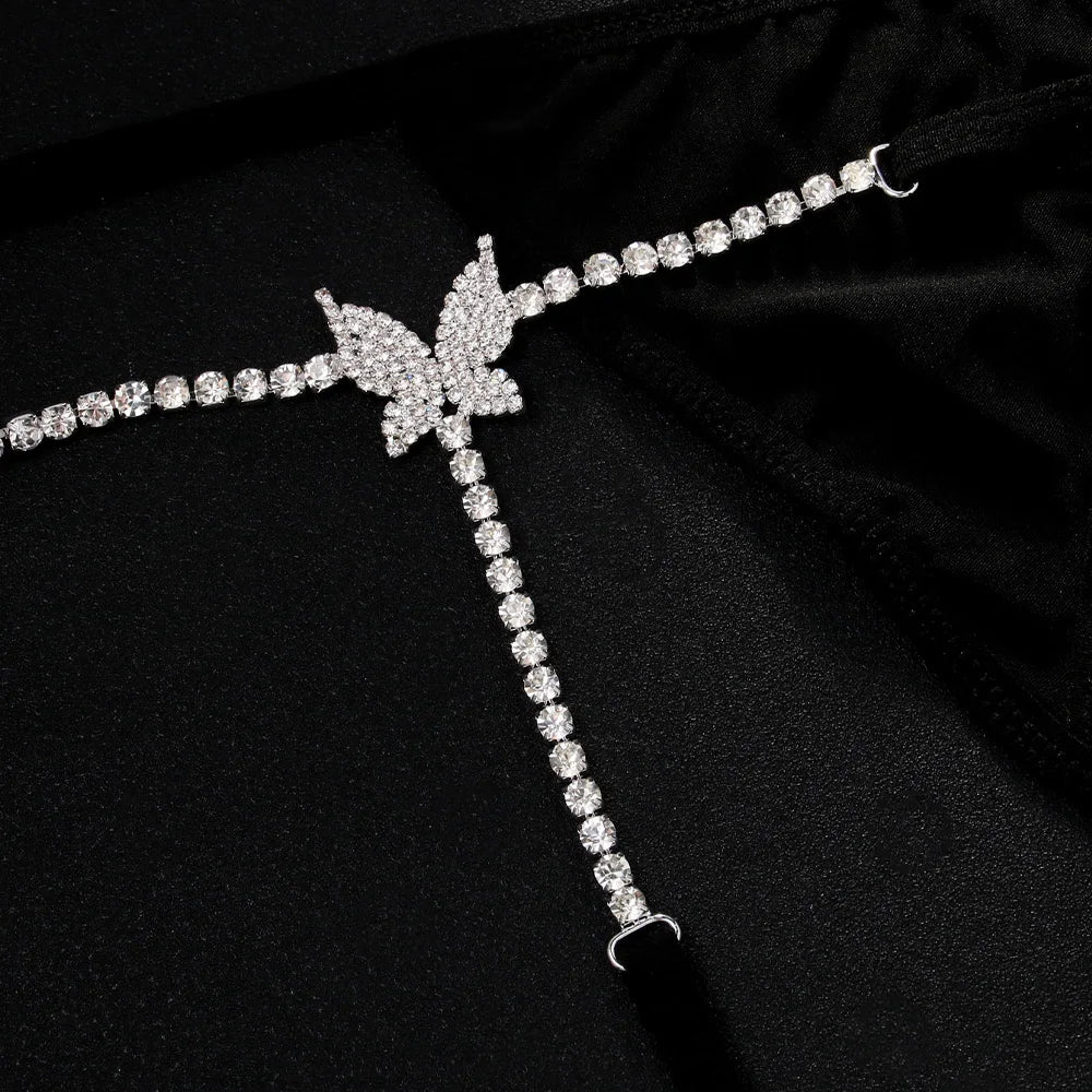 Stonefans Rhinestone Chain Butterfly Panties Body Jewelry for Women Sexy Low Back Thong Bikini Black Choth Lingerie Underwear