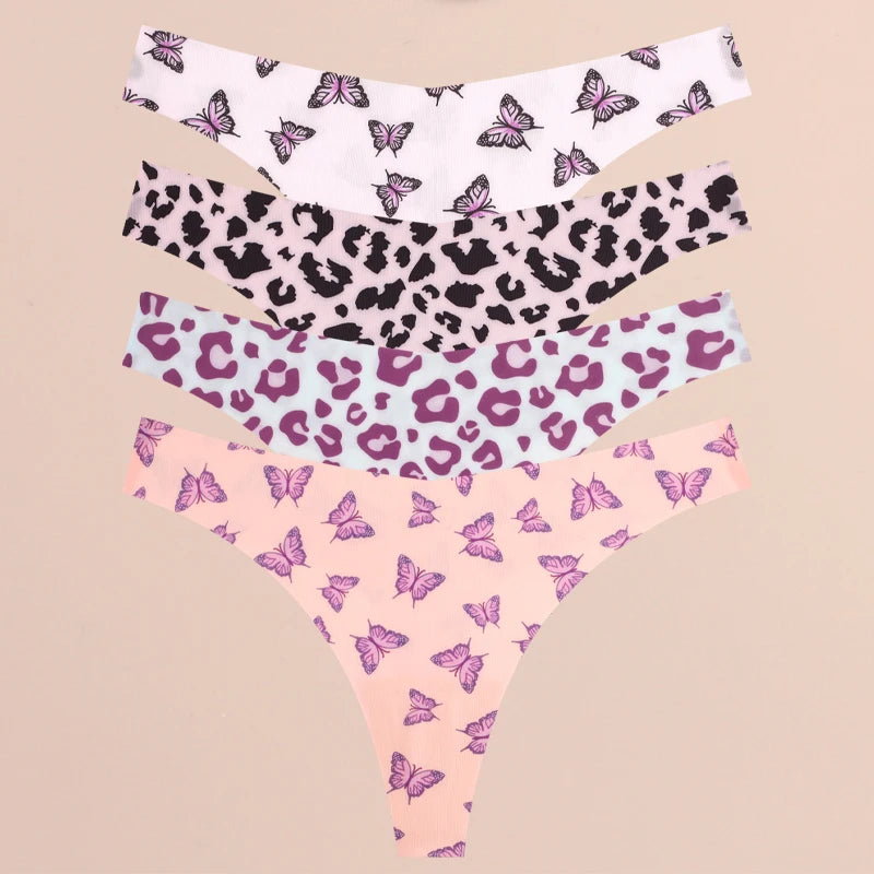 FINETOO Ultra Soft Seamless Graphic Print Thong Set – 4-Pack Stretch Leopard G-Strings for Women