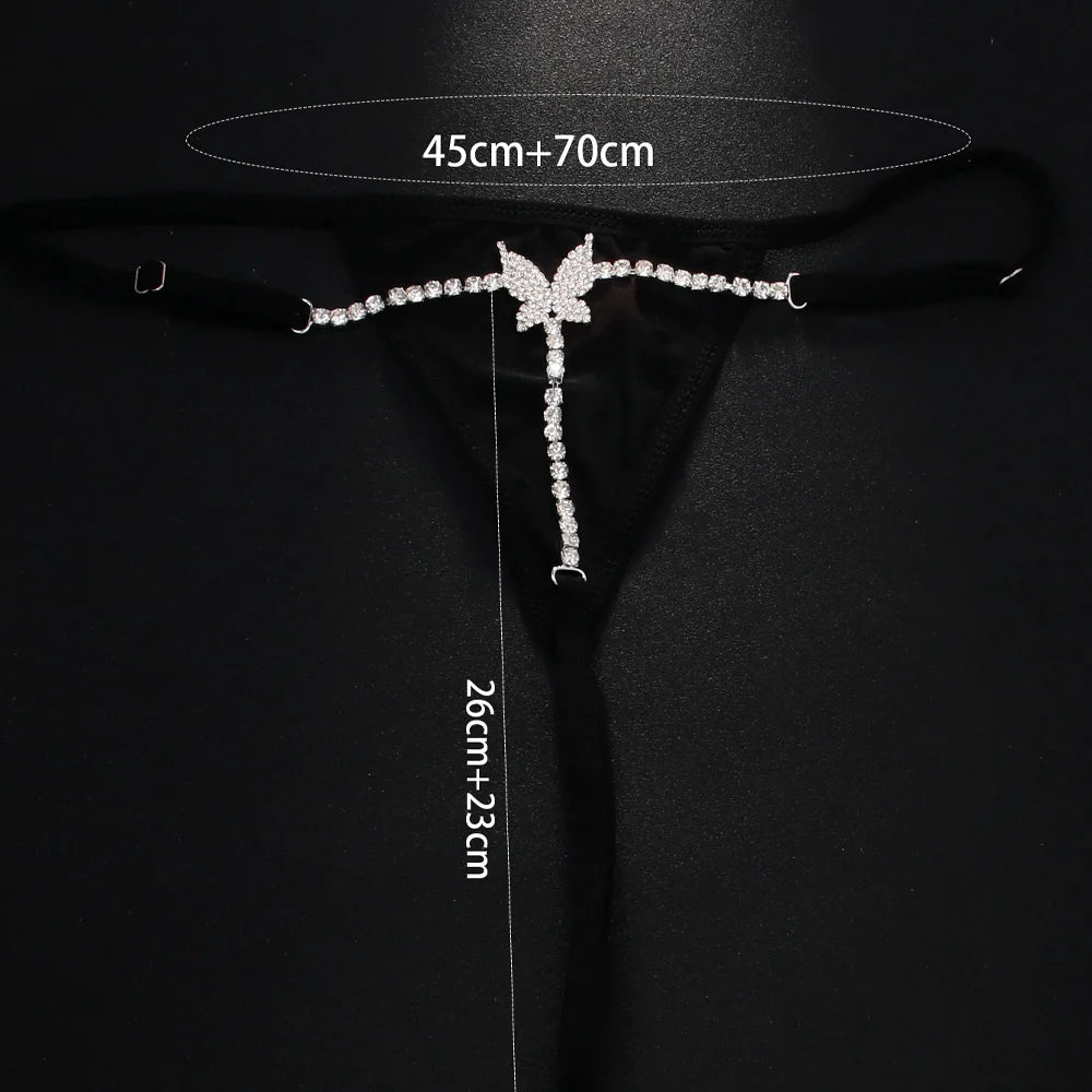 Stonefans Rhinestone Chain Butterfly Panties Body Jewelry for Women Sexy Low Back Thong Bikini Black Choth Lingerie Underwear