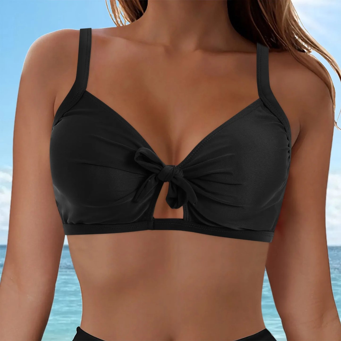 Women Swimwear Wrapped Knot Solid Color Push Up Gathering Sexy Bikini Tops Full Coverage Backless Tankini Tank Tops Beachwear