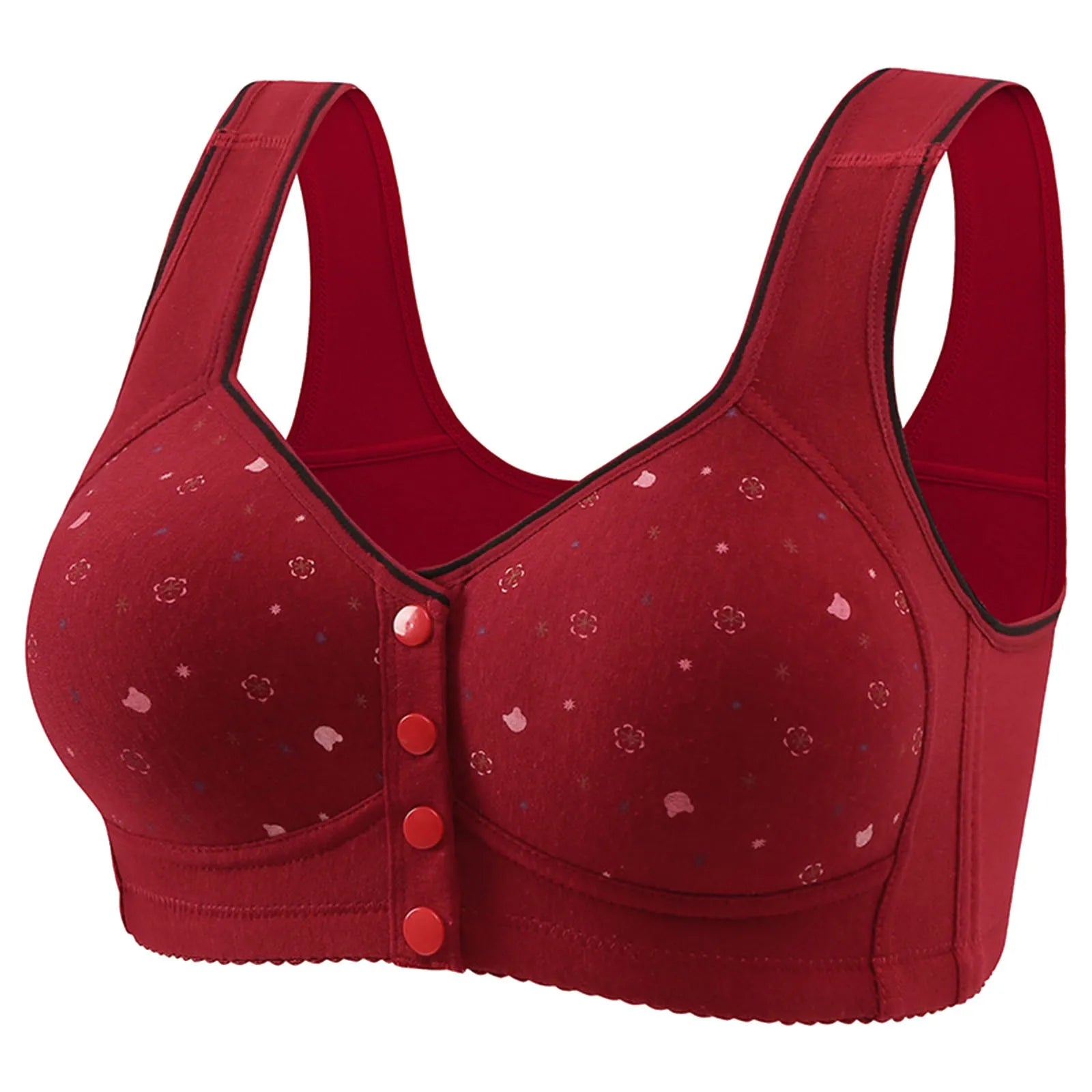 Front Button Retro Printed Bra Without Steel Ring Wide Shoulder Strap Middle-Aged Elderly Underwear Plus Size Women'S Vest Bras