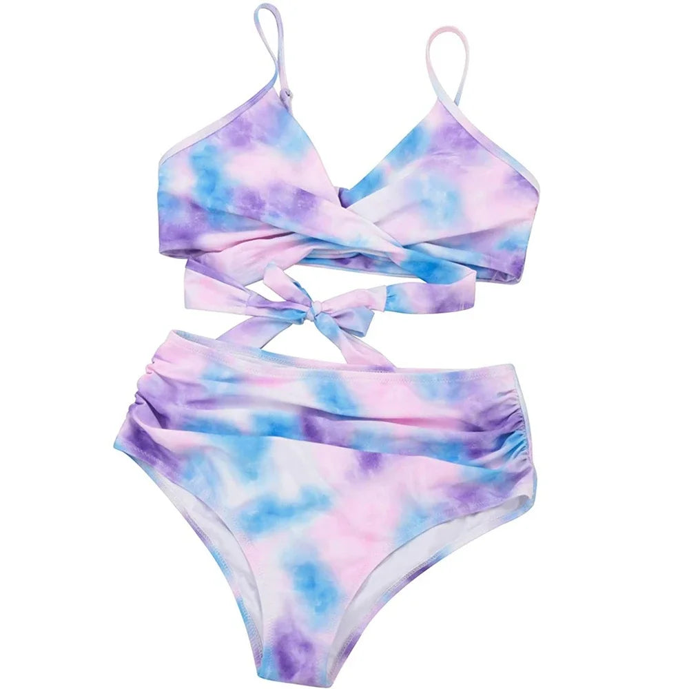 Hot 12 Colors Women Slim Bikini Sets High Waisted Sexy Swimwear 2 Pieces 2025 Solid/Floral Ruched Brazilian Swimsuit Cross Front