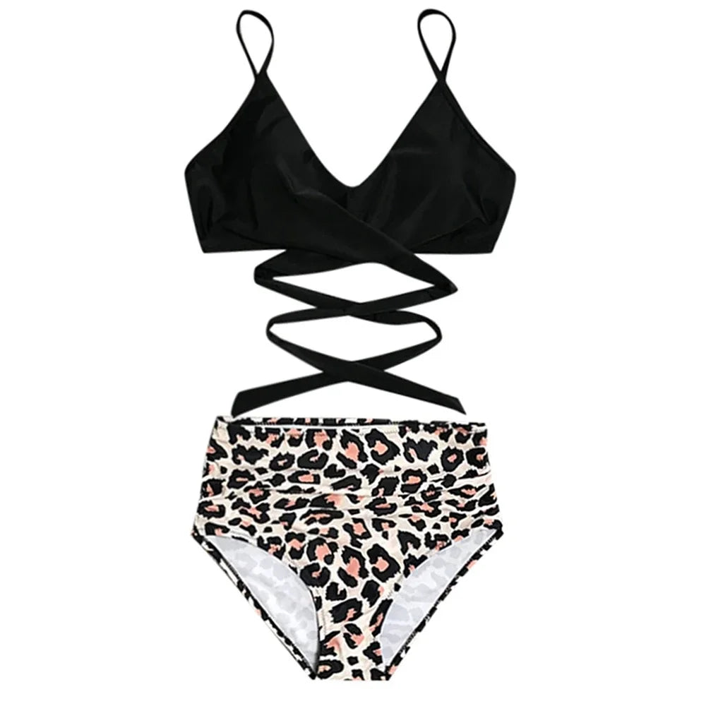 Hot 12 Colors Women Slim Bikini Sets High Waisted Sexy Swimwear 2 Pieces 2025 Solid/Floral Ruched Brazilian Swimsuit Cross Front