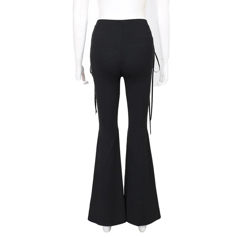 Grunge Streetwear Zwarte Bandage Broek Cyber Gothic Punk Hollow Out Flare Broek Vrouwen Emo Hoge Taille Sexy Alt Bottom