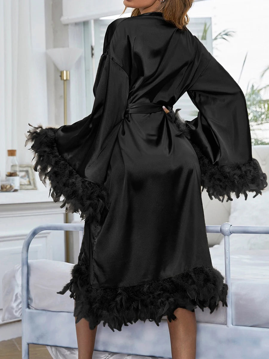 Women Sexy White Feather Long Sheer Satin Robe See Through Bridal Nightgown Lingerie Nightdress Bathrobe Cover Up Loungewear