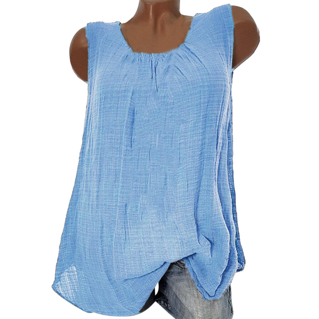 Plus Size Cotton Linen Sleeveless Baggy Tank Top – Casual U-Neck Summer Vest Blouse for Women