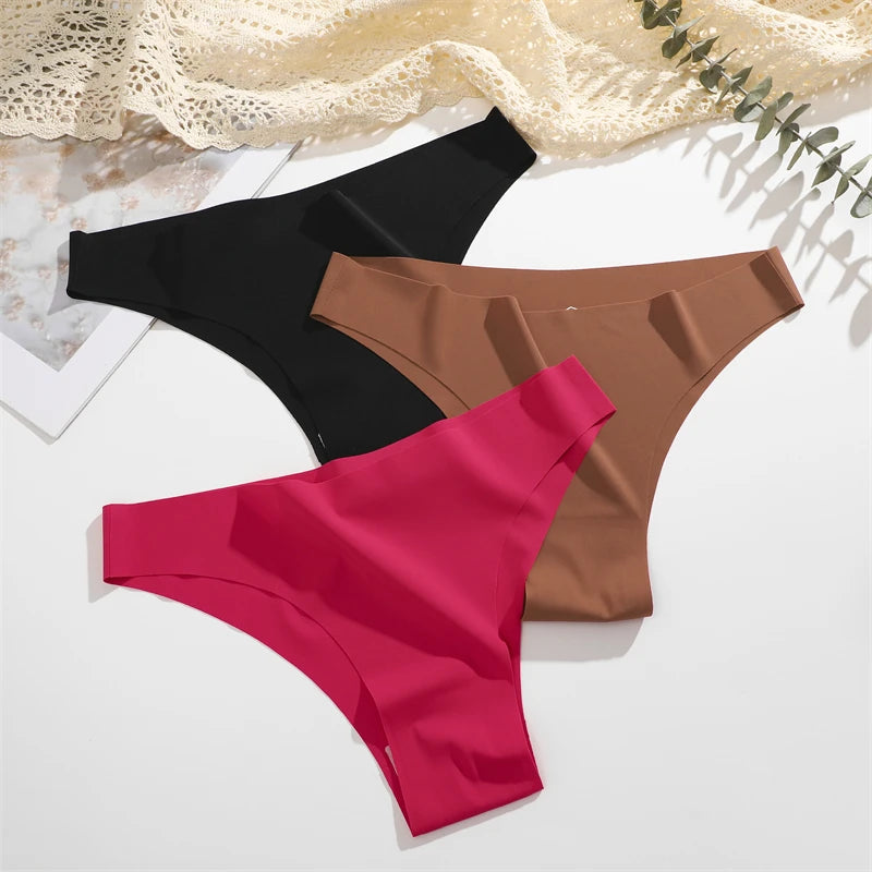 FINETOO 3Pcs Ultra-thin Seamless Silk Underwear Women's Panties Sexy Low-Waist Stretch Bikini Solid Color Briefs Lingerie XS-XXL