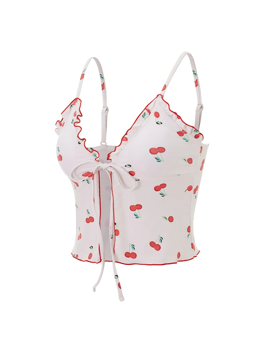 Floral Print Ruffle Off-Shoulder Bikini Top – Tie Front Sleeveless Swimsuit Crop for Women (Top Only)