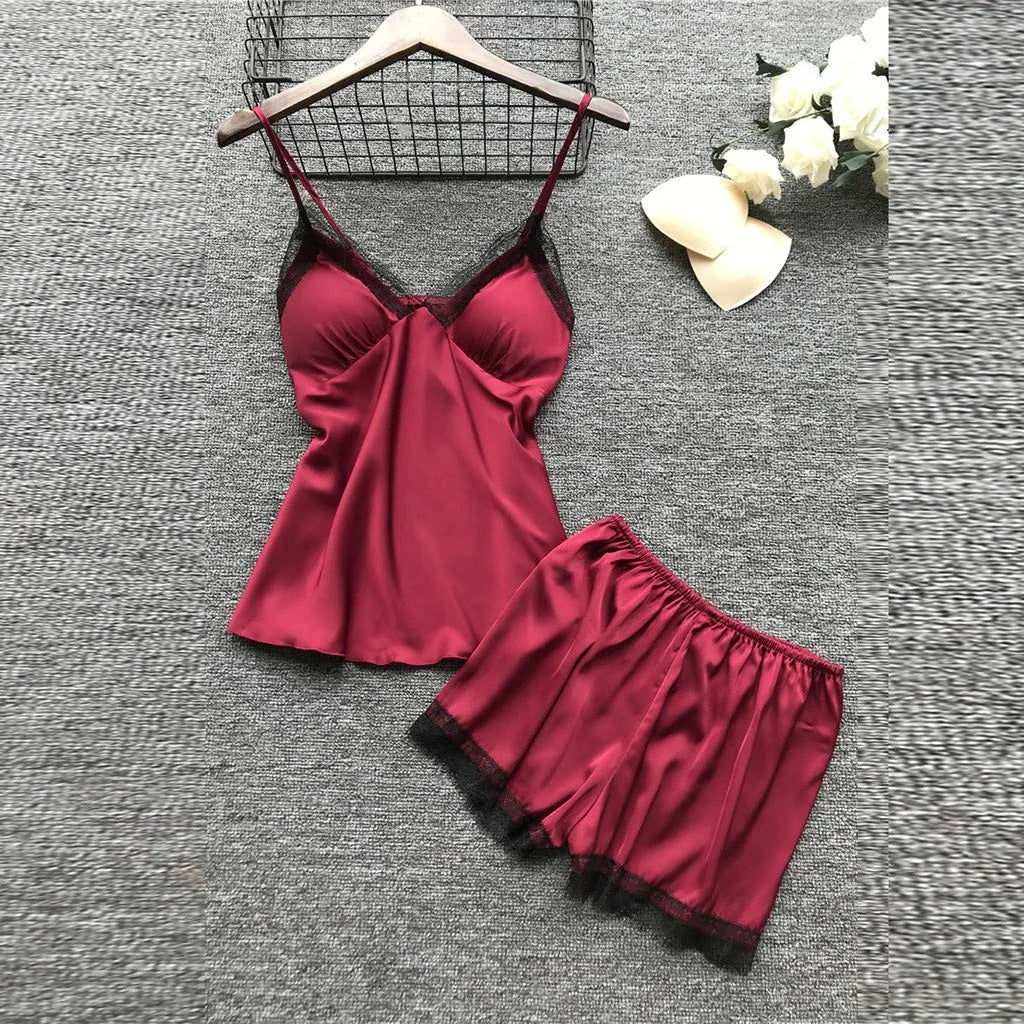 Women’s 4-Piece Satin & Lace Nightwear Set – Camisole, Shorts, Nightdress & Robe