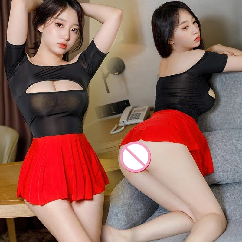 Women See Through Hollow Out Sexy Ice Silk Dress Wear Sheer Nightgown Club A-line Low Waisted Ruffled Edge Pleated Mini Dress