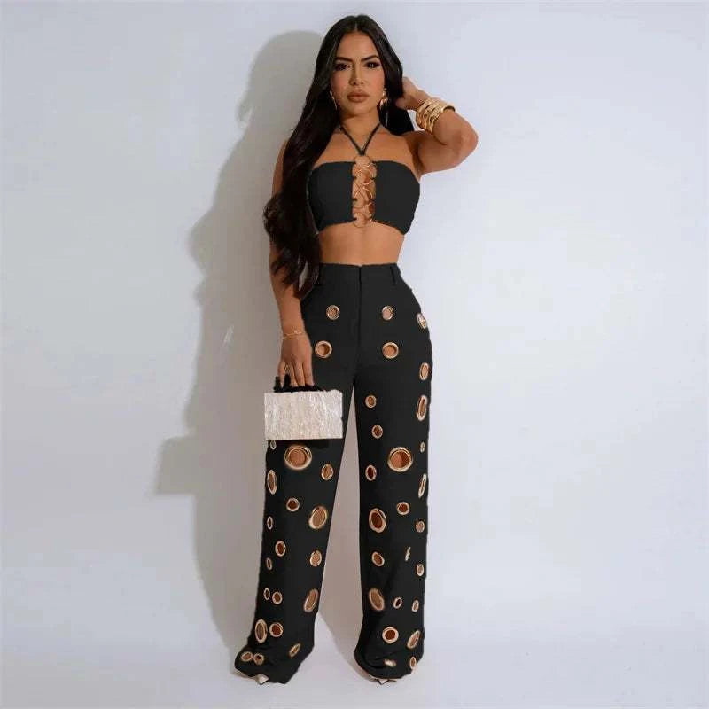 Sexy Night Party 2 Piece Sets Women Outfit Clubwear Festival Clothing Halter Crop Top and Pants Conjuntos Femininos Elegantes