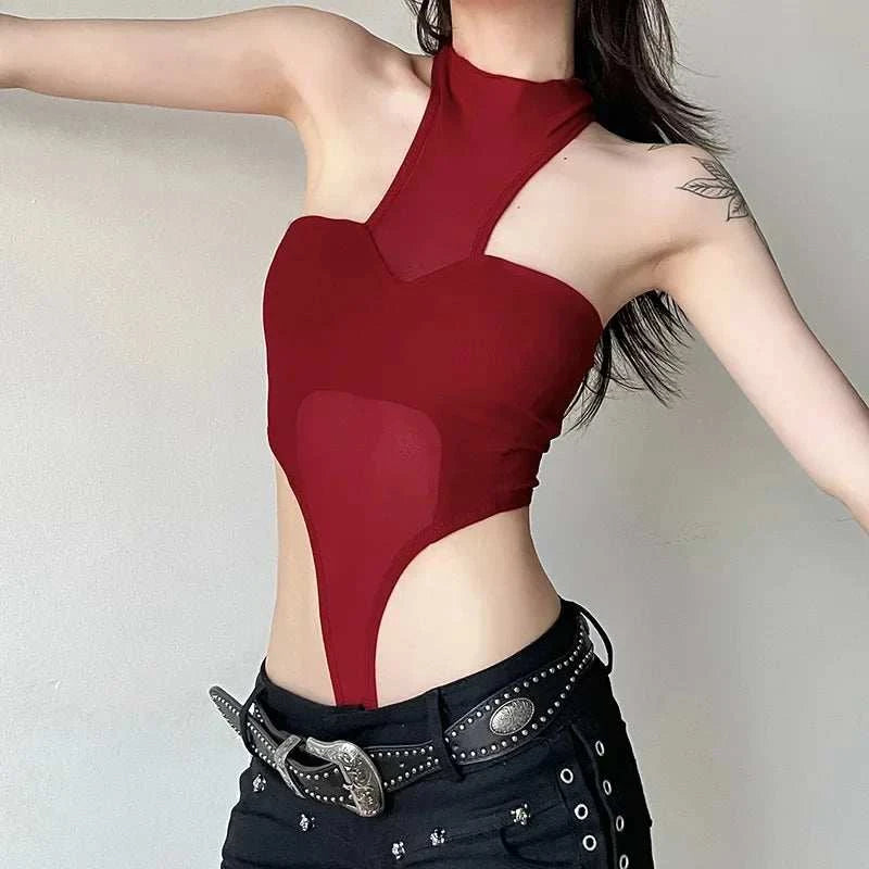 Solid Red Mesh Corset Bodysuit