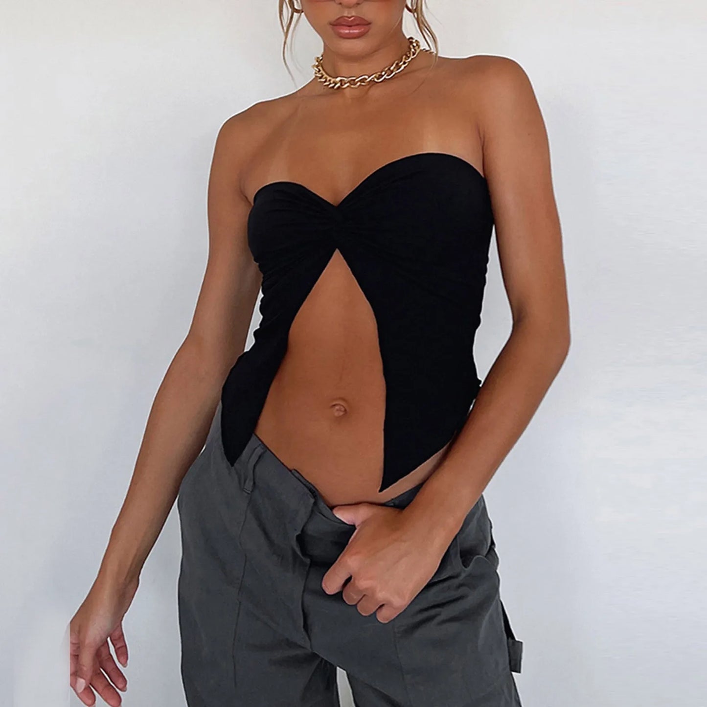 Ruched Strapless Bandeau Crop Top – Casual Backless Tube Top for Women