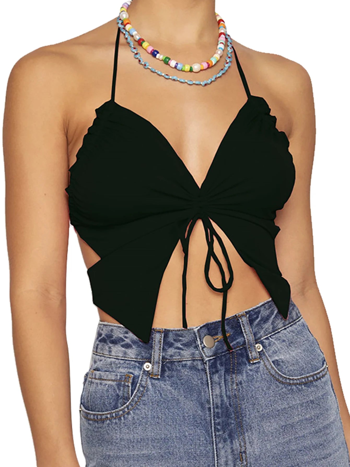 Women Summer Top Butterfly Design Sexy Wrapped Chest Vest Tie Back Spaghetti Strap Camisole Crossover Ruched Slim Fit Camisole B